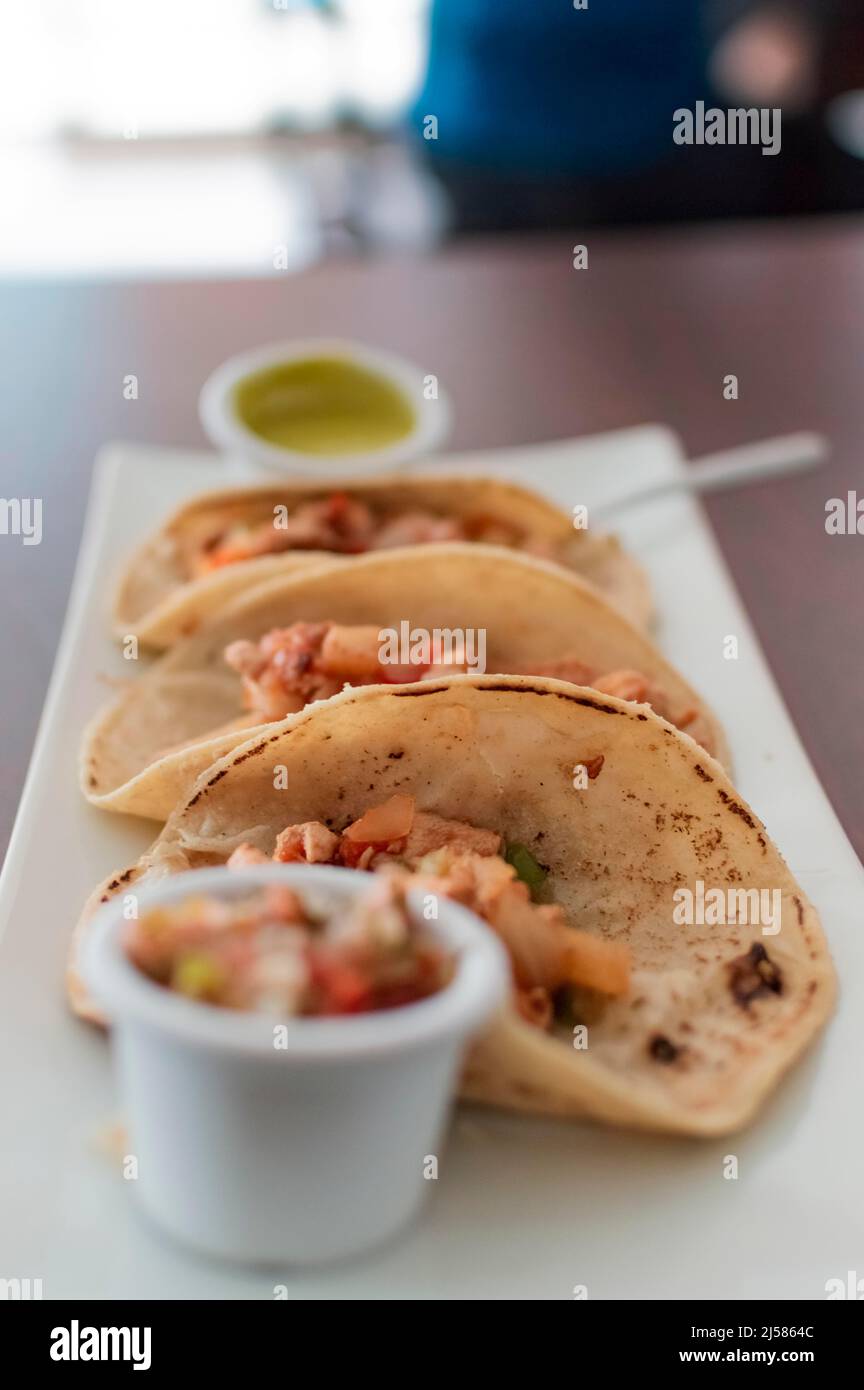 Gros plan de tacos de poulet mexicains, tacos de poulet avec salsa servis sur la table, tacos servis sur la table Banque D'Images