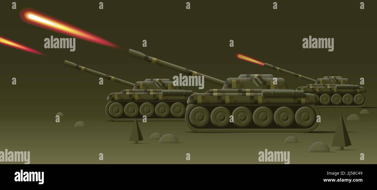 Illustration numérique 3D de grands chars militaires qui ont tiré sur un paysage vert Illustration de Vecteur