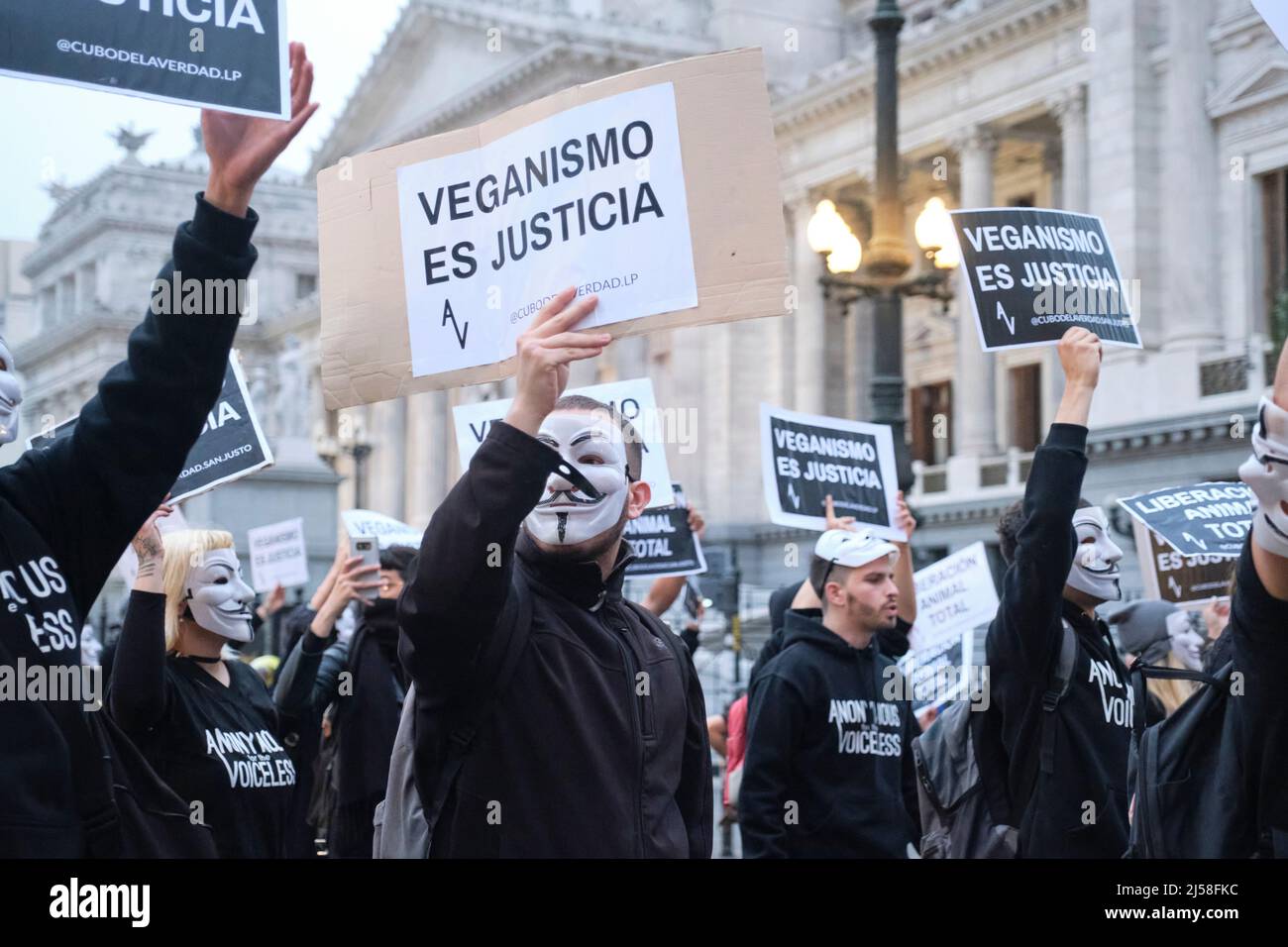Buenos Aires, Argentine; 1 novembre 2021: Journée mondiale de Vegan. Des activistes défilent devant le Congrès national avec des signes et des messages animalistes: Veg Banque D'Images