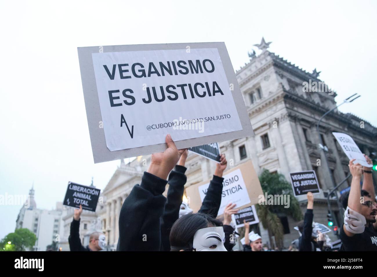 Buenos Aires, Argentine; 1 novembre 2021: Journée mondiale de Vegan. Des activistes défilent devant le Congrès national avec des signes et des messages animalistes: Veg Banque D'Images