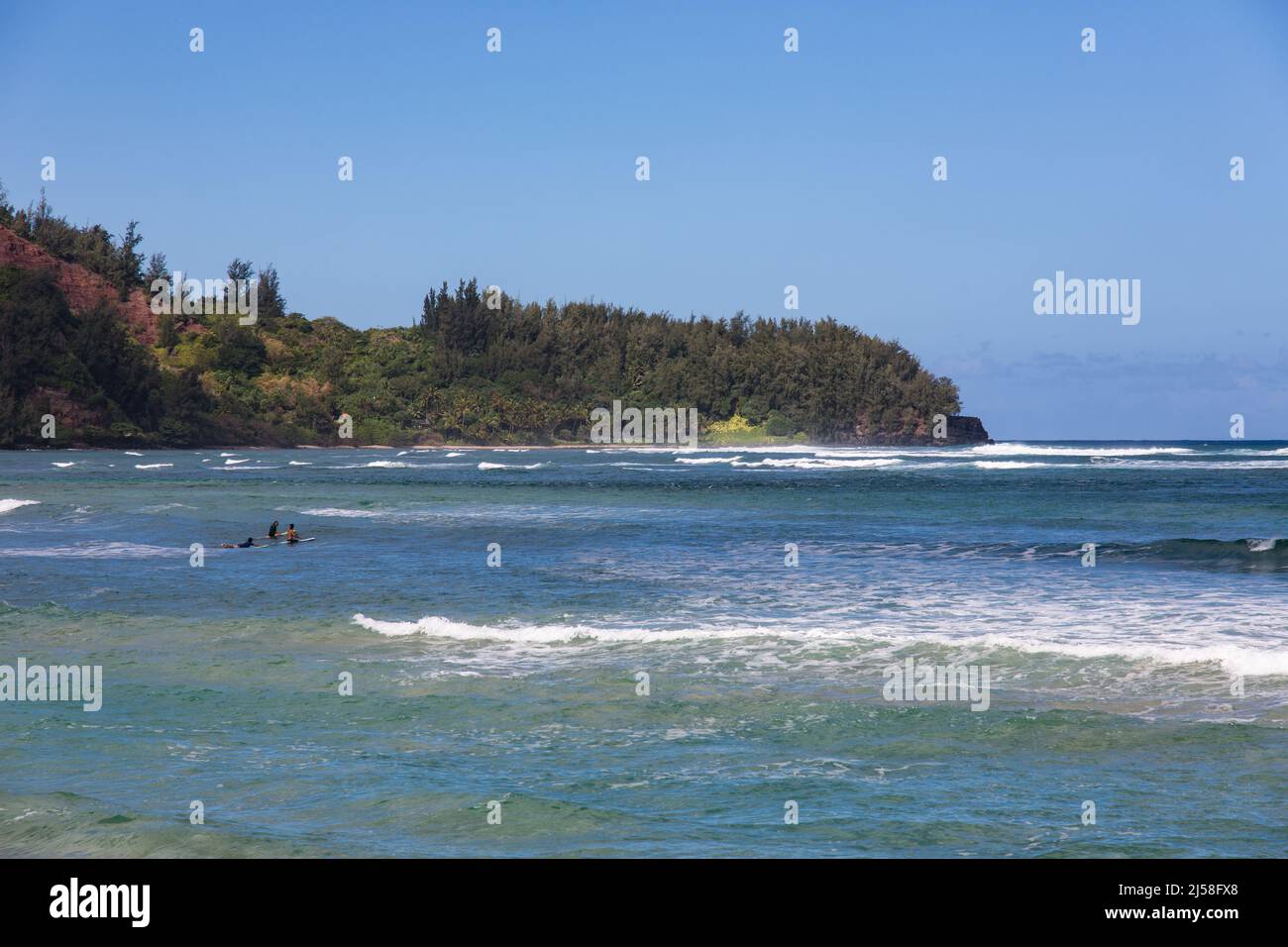 Les surfeurs attendent une vague sur la plage Hanalei, dans la baie Hanalei, sur l'île de Kauai, Hawaï, États-Unis. Banque D'Images