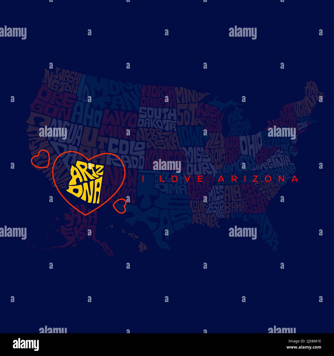 Typographie des cartes de l'Arizona avec cœur rouge. TYPOGRAPHIE des noms d'état DE la carte US. Illustration de Vecteur