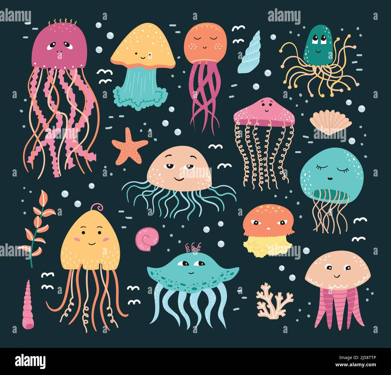 Ensemble vectoriel d'illustrations de méduses et d'algues avec des coquillages en style de dessin animé. Illustration de Vecteur