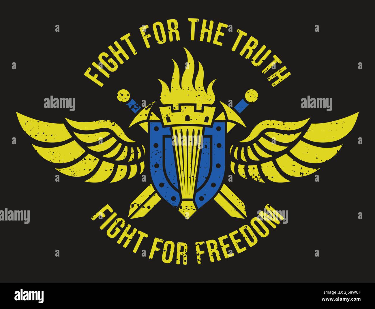 Torche sur le fond d'un bouclier et épées croisées avec des ailes. Lettrage « lutte pour la vérité » et « lutte pour la liberté ». Couleurs jaune-bleu. Illustration de Vecteur