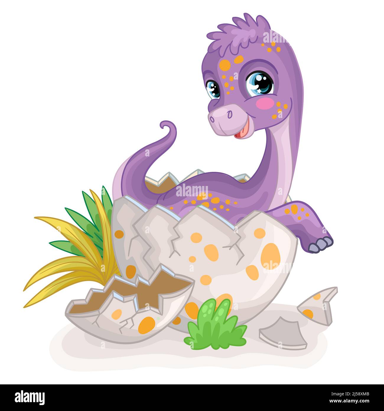 Bébé heureux dinosaure diplodocus assis dans l'oeuf sur la nature. Joli personnage de dessin animé. Illustration vectorielle isolée. Pour l'impression, le design, la publicité, les cartes, Illustration de Vecteur