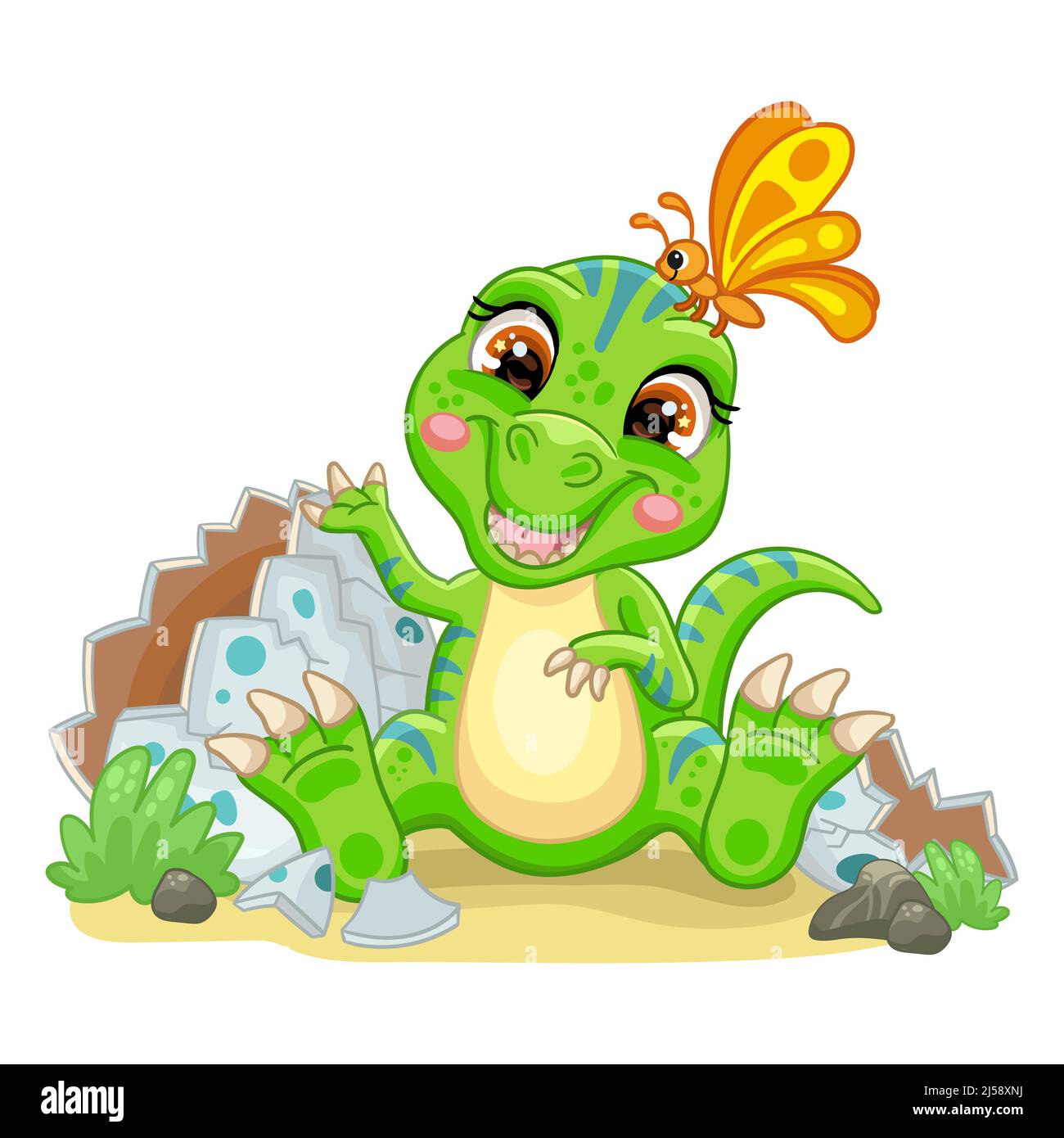 Bébé dinosaure tyrannosaurus assis avec des œufs sur la nature. Joli personnage de dessin animé. Illustration vectorielle isolée. Pour l'impression, le design, la publicité, les cartes Illustration de Vecteur