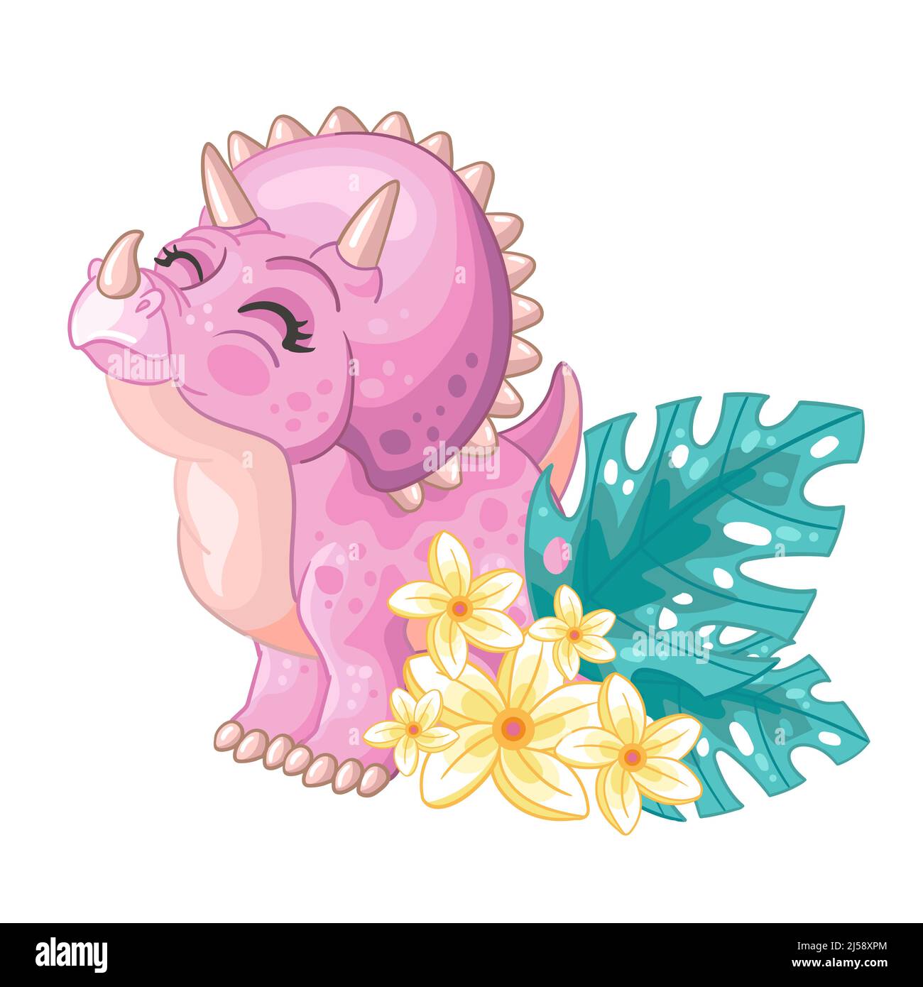 tricératops rose dinosaure avec plantes exotiques. Joli personnage de dessin animé. Illustration vectorielle isolée sur fond blanc. Pour l'impression, le design, les cartes, le stat Illustration de Vecteur