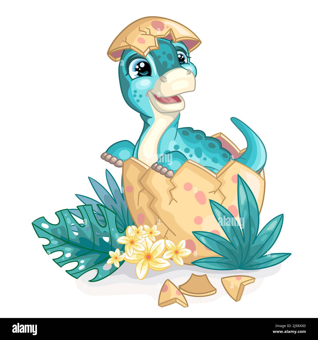 Bébé heureux dinosaure brontosaurus assis dans l'oeuf sur la nature. Joli personnage de dessin animé. Illustration vectorielle isolée. Pour l'impression, le design, la publicité, les cartes Illustration de Vecteur