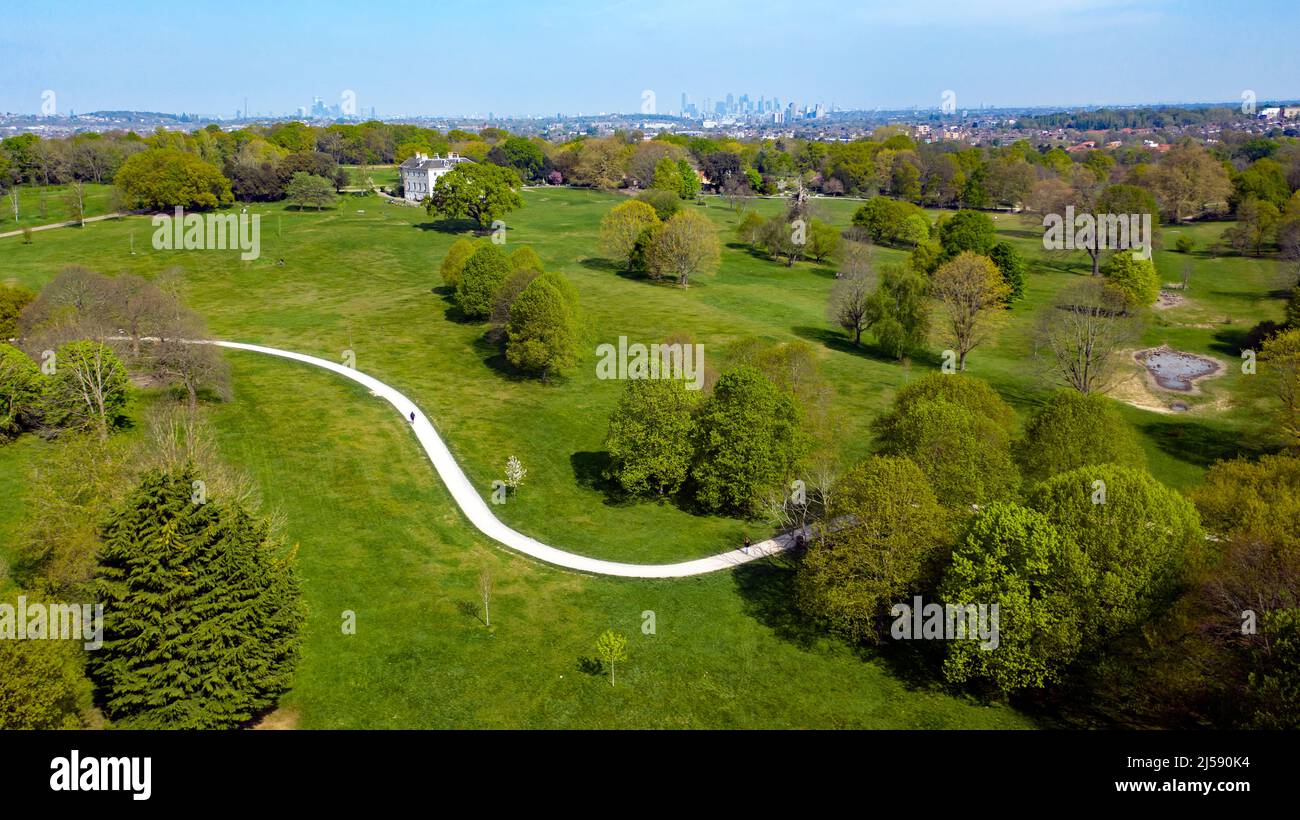 Vue aérienne du parc Beckenham place et de son manoir géorgien de Lewisham, au sud-est de Londres Banque D'Images