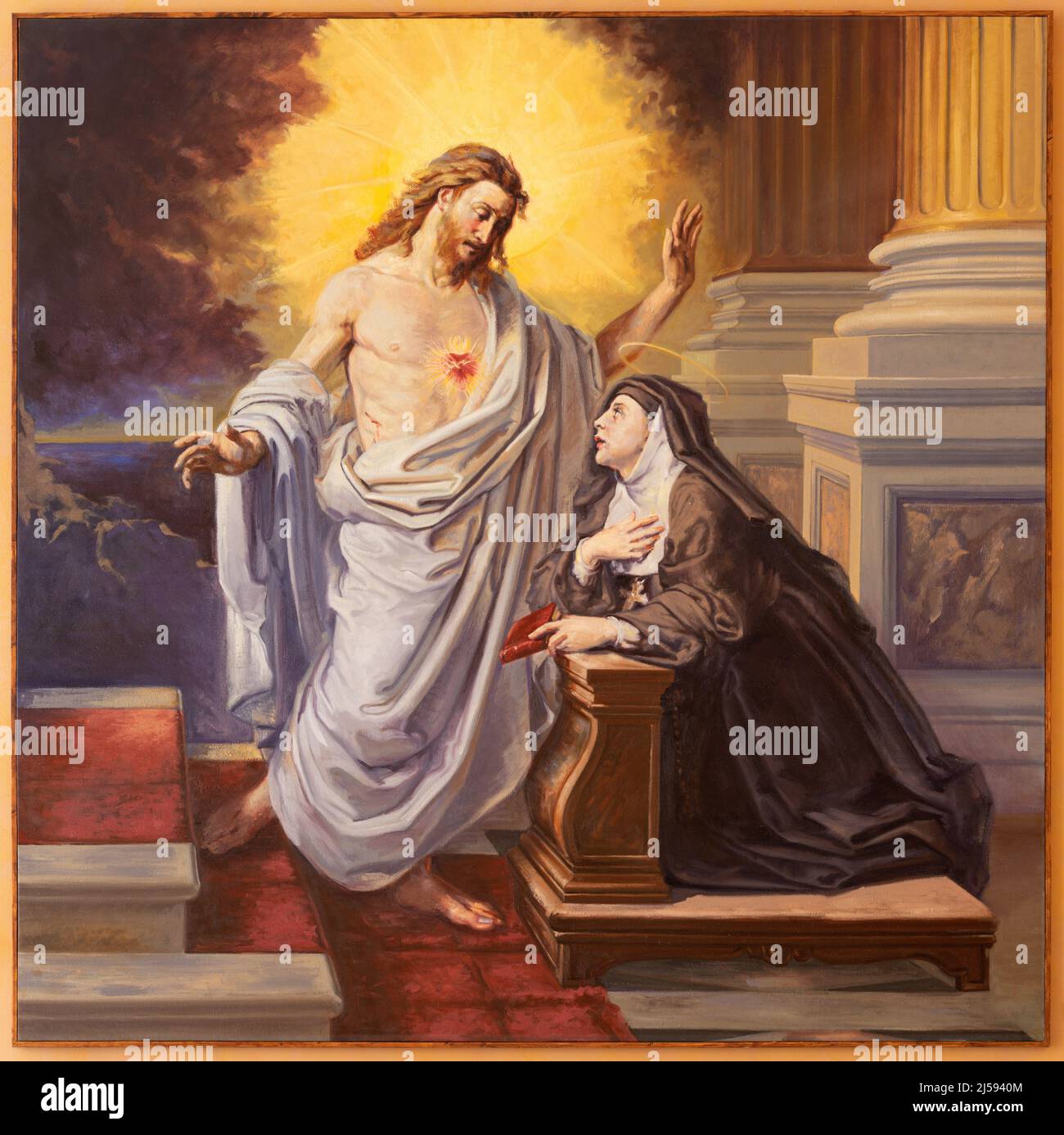 BARI, ITALIE - 3 MARS 2022 : la peinture de l'apparition de Jésus-coeur à Sainte-Thérèse d'Avila dans l'église Chiesa di Sacro Cuore à partir de 20. Cent. Banque D'Images