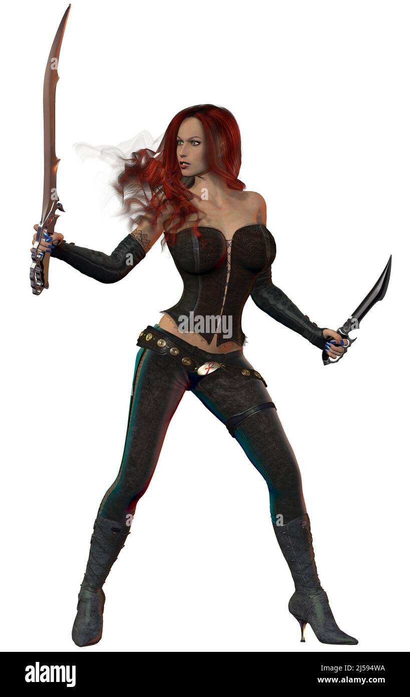 Fantasy Warrior girl, armé de épées, illustration 3D Banque D'Images