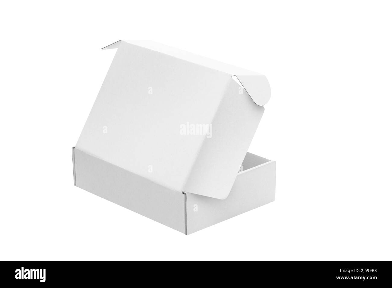 Ouvrir la boîte de carton blanche vierge isolée sur fond blanc avec un chemin de découpe Banque D'Images