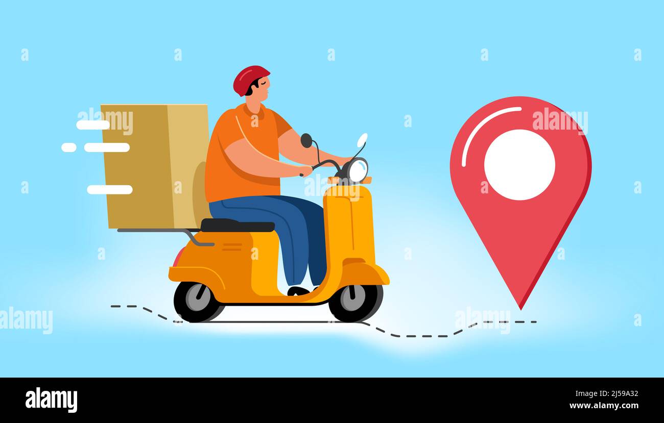 Moto de livraison conducteur de scooter pour livrer des marchandises. Livraison par transporteur sur le scooter. Illustration vectorielle Illustration de Vecteur