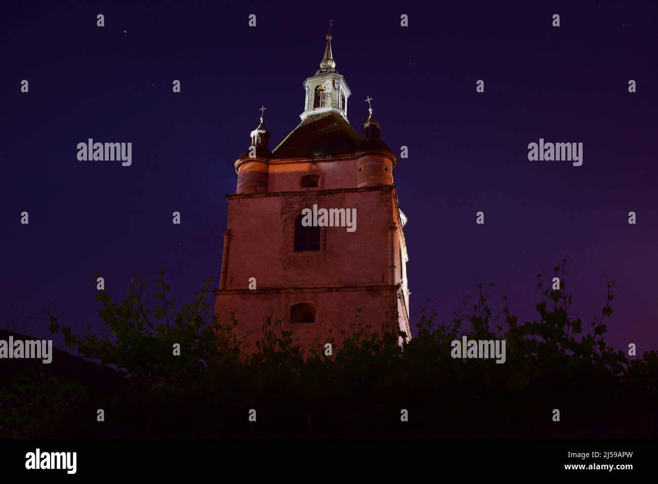Tour médiévale en pierre de la forteresse illuminée par un éclairage électrique. Contours inférieurs de la végétation Banque D'Images