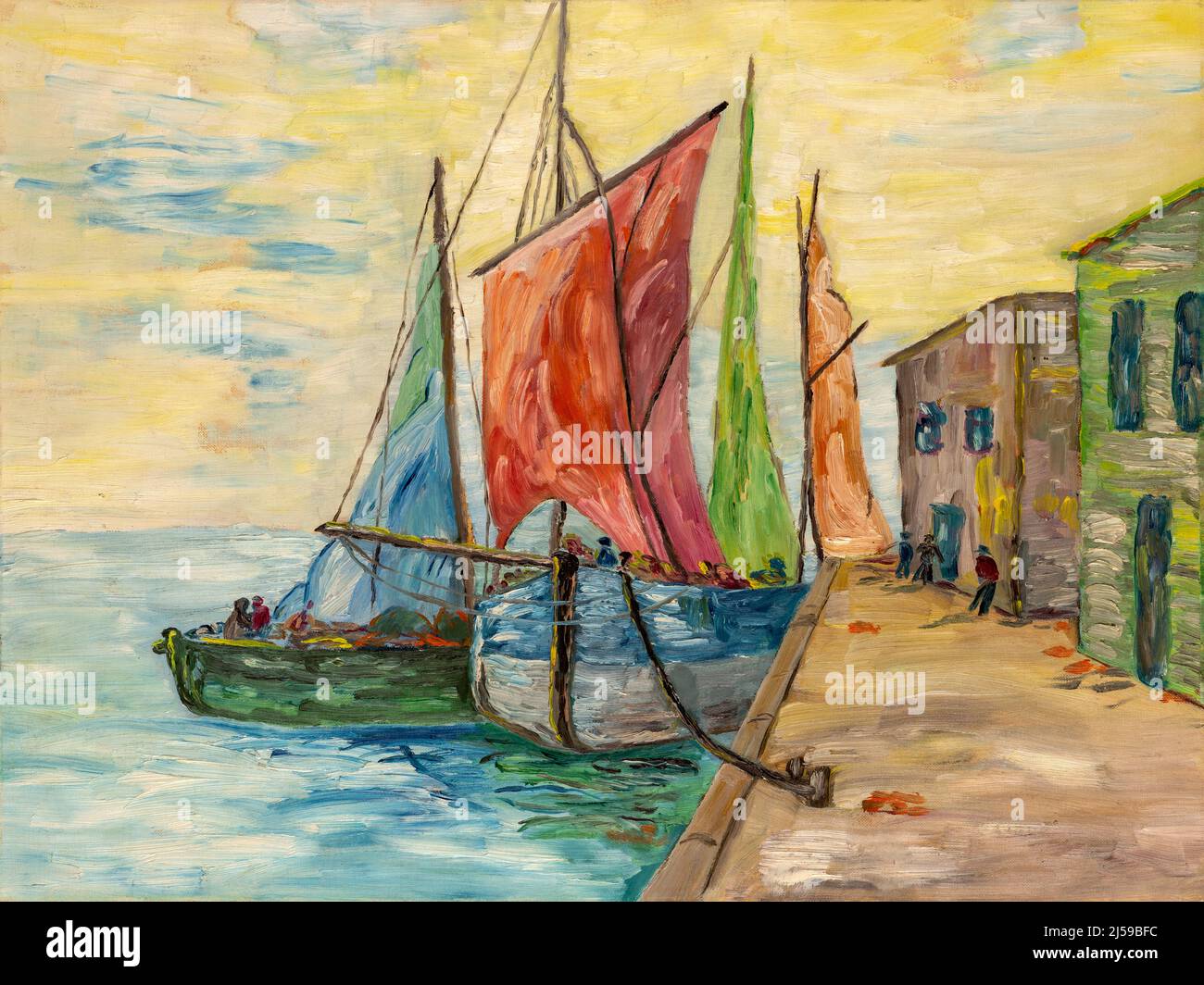 Peinture à l'huile avec des coups de pinceau épais représentant des bateaux de pêche et des cabanes dans un port. Art impressionnisme Banque D'Images