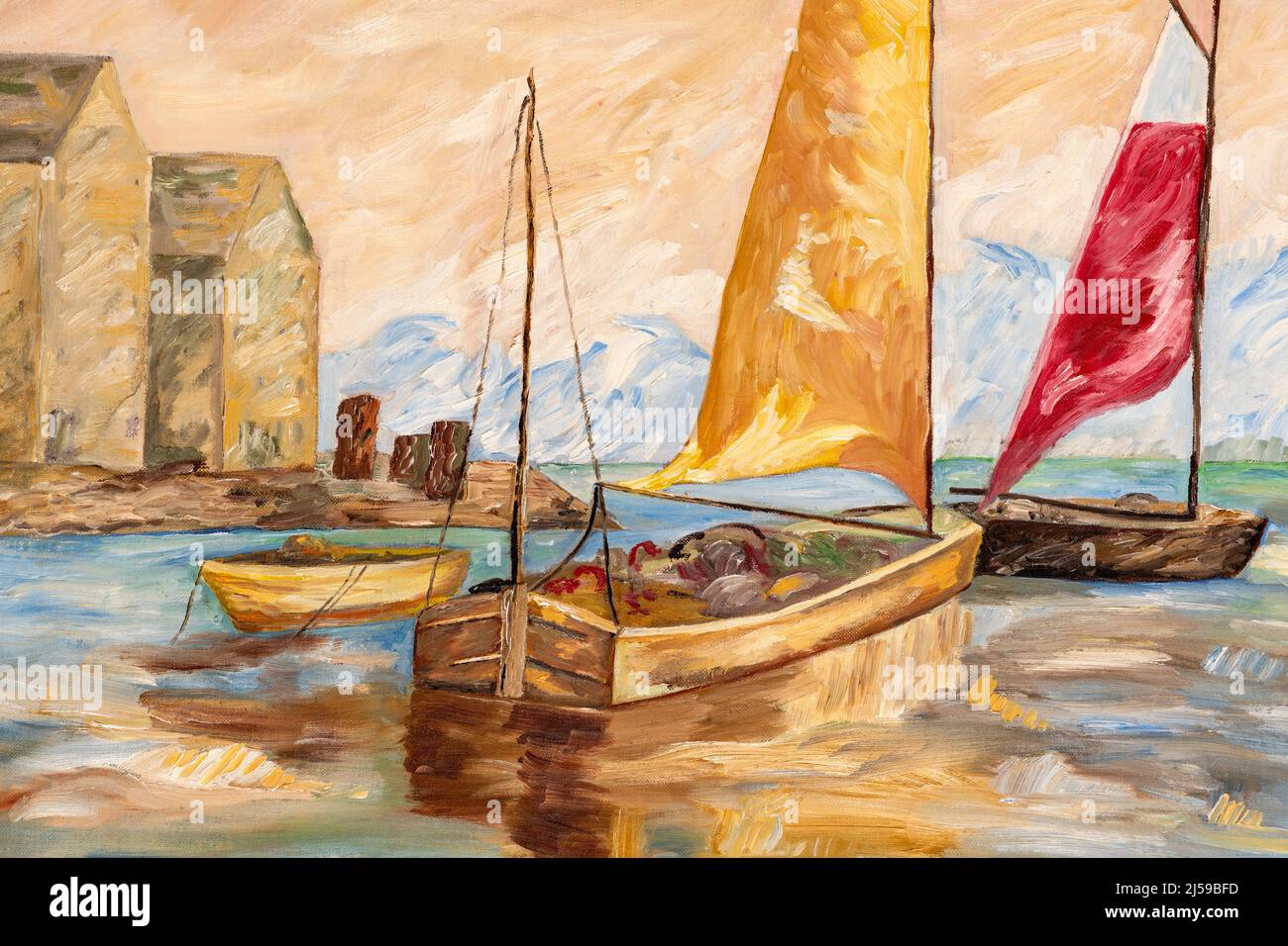 Fragment de peinture à l'huile avec des coups de pinceau épais représentant des bateaux de pêche et des cabanes dans un port. Art impressionnisme Banque D'Images