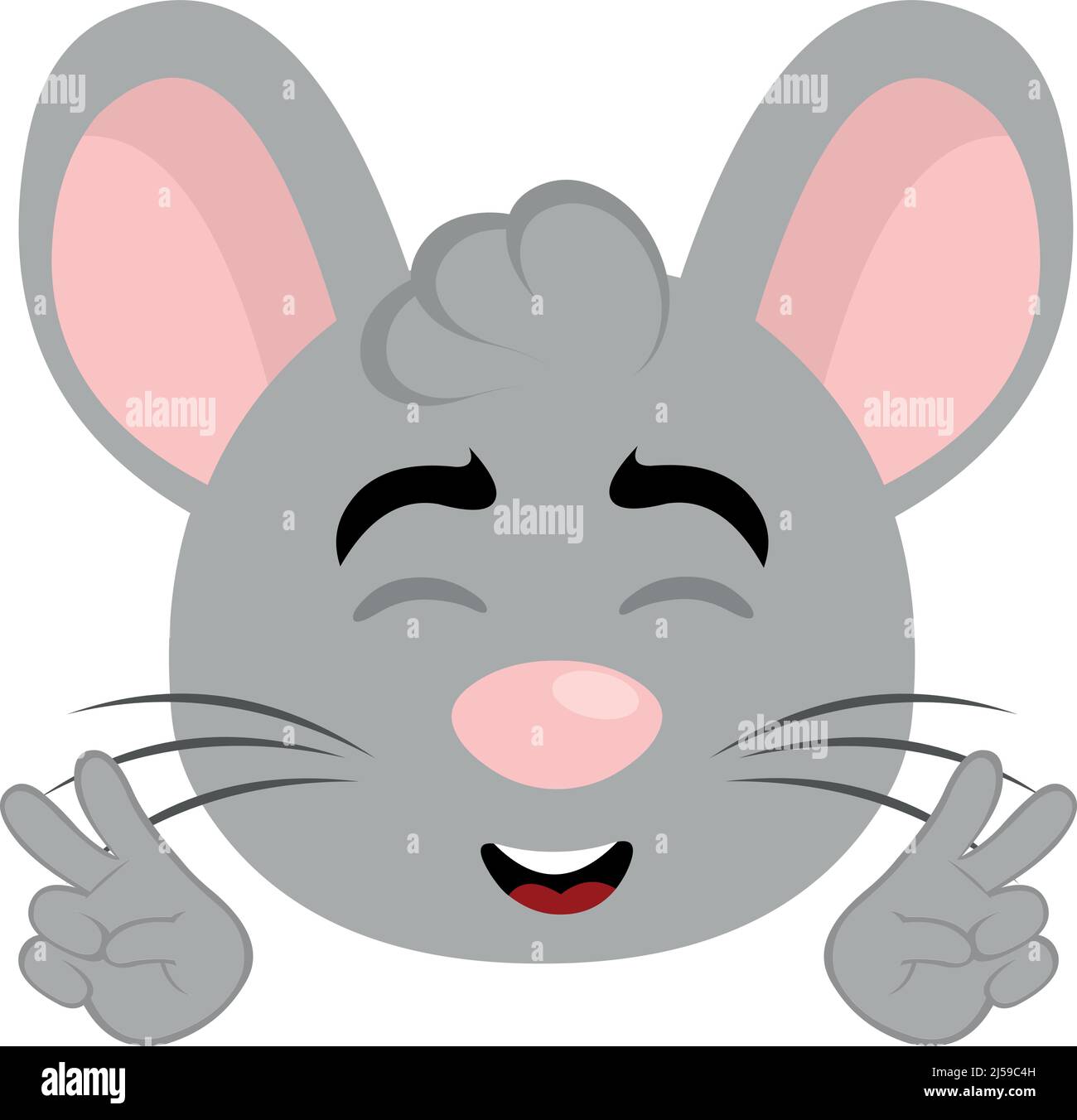 Illustration vectorielle du visage d'une souris de dessin animé avec une expression heureuse, faisant le geste classique de l'amour et de la paix ou v victoire avec ses mains Illustration de Vecteur