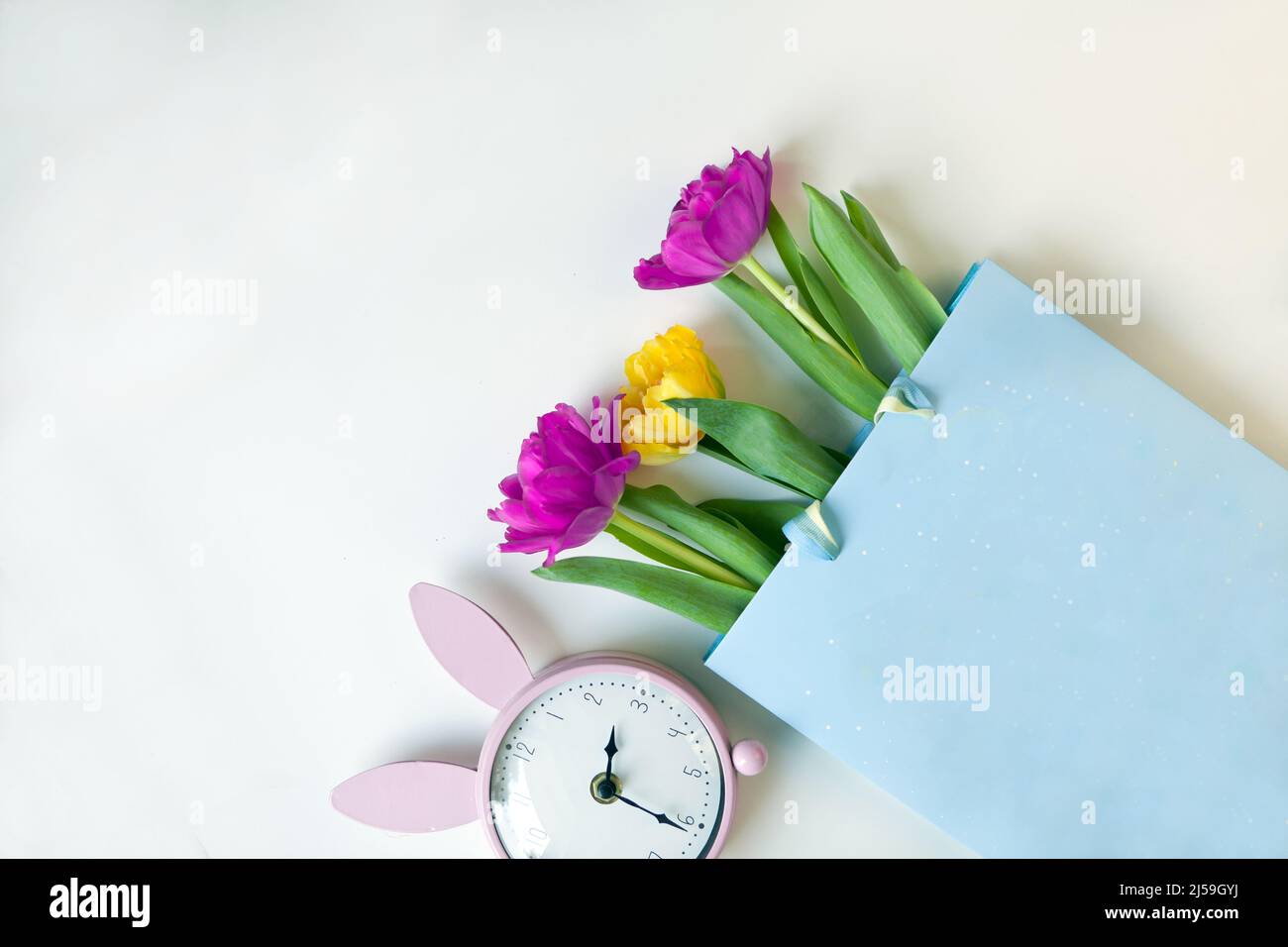 fleurs de tulipe, papier cadeau et horloge de lapin rose en forme de pose plate. Salutation pour la Fête des femmes ou de la mère Banque D'Images