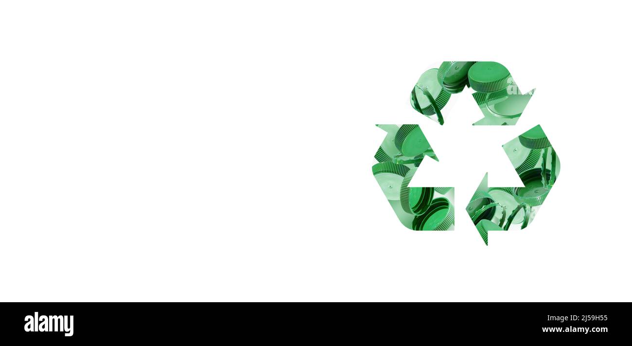 Symbole de recyclage des bouchons de bouteille verts pour sur fond blanc. Le concept de sécurité contre les dommages environnementaux. L'idée de l'environnement Banque D'Images