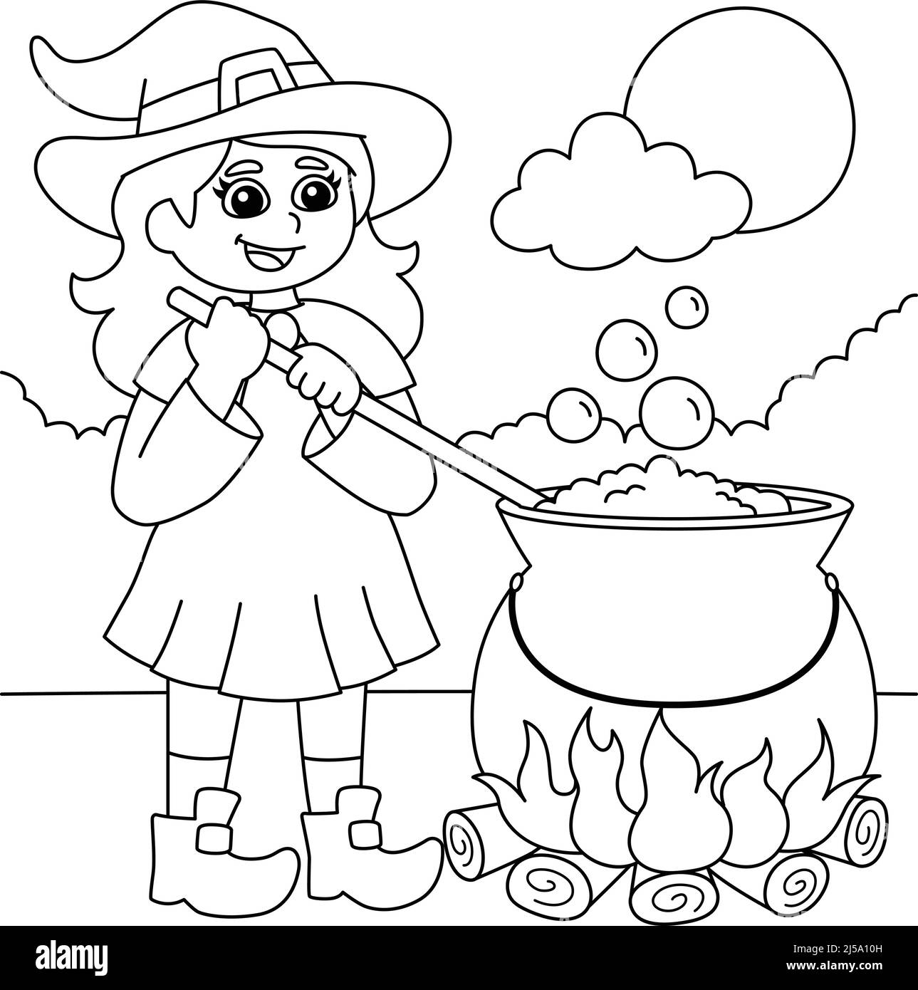 Pot de sorcière Halloween coloriage page pour enfants Illustration de Vecteur