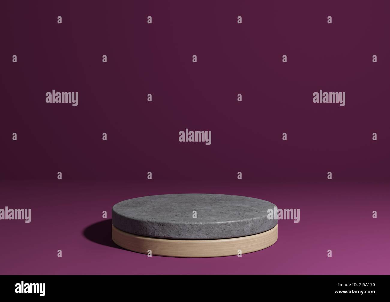 Magenta foncé, violet 3D rendant simple affichage du produit, fond naturel minimal avec support de podium de cylindre en béton et bois pour natu Banque D'Images