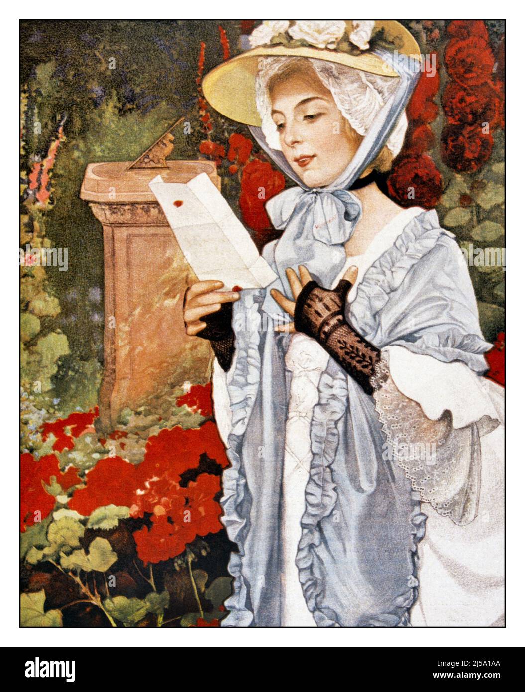 1900S FEMME MARCHE À TRAVERS LE JARDIN DE FLEURS AVEC LA LETTRE DE LECTURE SUNDIAL PORTANT CHAPEAU DE PAILLE ATTACHÉ SOUS SON CHIN AVEC NOEUD & BLUE SHAWL - KP6803 NAW001 HARS SUBURBAIN DÉPRESSION COULEUR PAILLE SON EXPRESSION LIÉE MAIL VIEUX TEMPS SURPRISE NOSTALGIE VIEILLE MODE 1 COMMUNICATION DE STYLE FACIAL JEUNES ADULTES ÉQUILIBRE SOUCI STYLE DE VIE COUVERTURE FEMMES MOODY LUXE DEMI-LONGUEUR FEMMES PERSONNES POSTAL COPAIN SOINS CHIN EXPRESSIONS TROUBLÉE TRISTESSE CONCERNÉE RÊVES STYLES TOUR DU 20TH SIÈCLE MARCHES SUNDIAL BAS ANGLE FIERTÉ HUMEUR CHÂLE MAILING CONCEPTUEL PAILLE DE VERRE CHAPEAU AMOUR LETTRE ÉLÉGANT NOIR DENTELLE USPS DÉCEPTION Banque D'Images