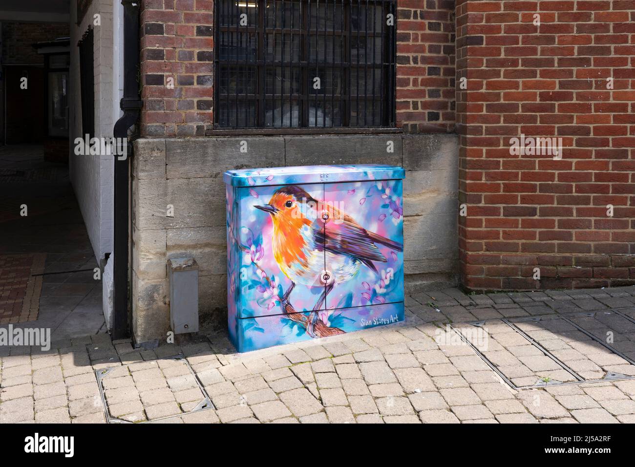 Peinture d'un cambriolage par Sian Story Art sur un cabinet de rue dans le centre-ville de Basingstoke avril 2022. Une partie de rues vivantes célébrant les artistes locaux. ROYAUME-UNI Banque D'Images