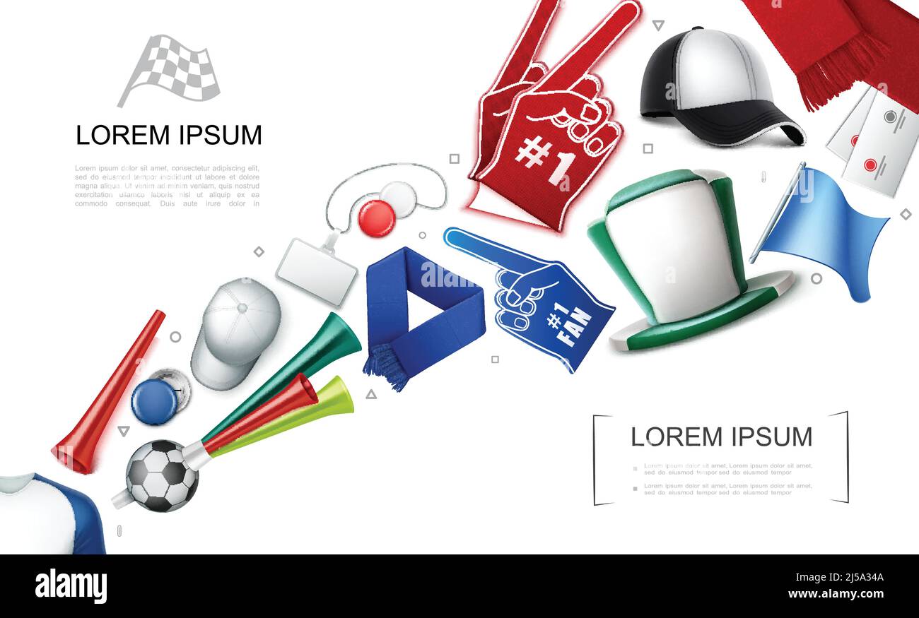 Concept réaliste des attributs des ventilateurs avec drapeaux mousse gants chapeau badges foulard vuvuzela trompettes billets football ball shirt illustration vectorielle Illustration de Vecteur