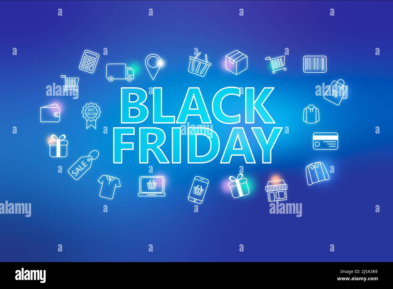 Black fiday - bannière web ecommerce sur fond bleu. Diverses icônes de shopping. Concept d'achat en ligne Banque D'Images