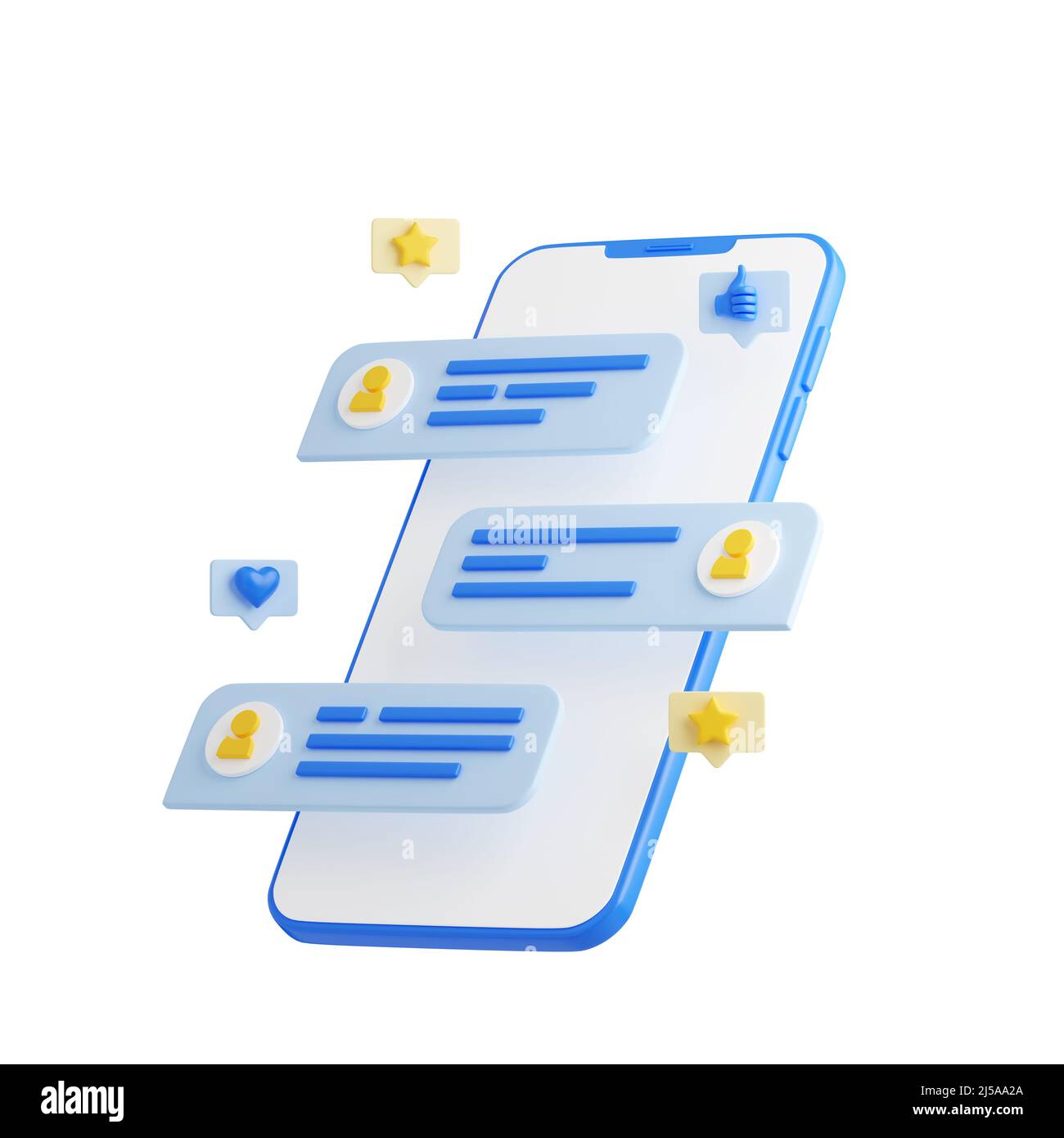 Avis des clients 3D Render - téléphone mobile avec application de feedback avec évaluation des étoiles et commentaires des utilisateurs. Banque D'Images Avis des clients 3D Render - téléphone mobile avec application de feedback avec évaluation des étoiles et commentaires des utilisateurs. Banque D'Images