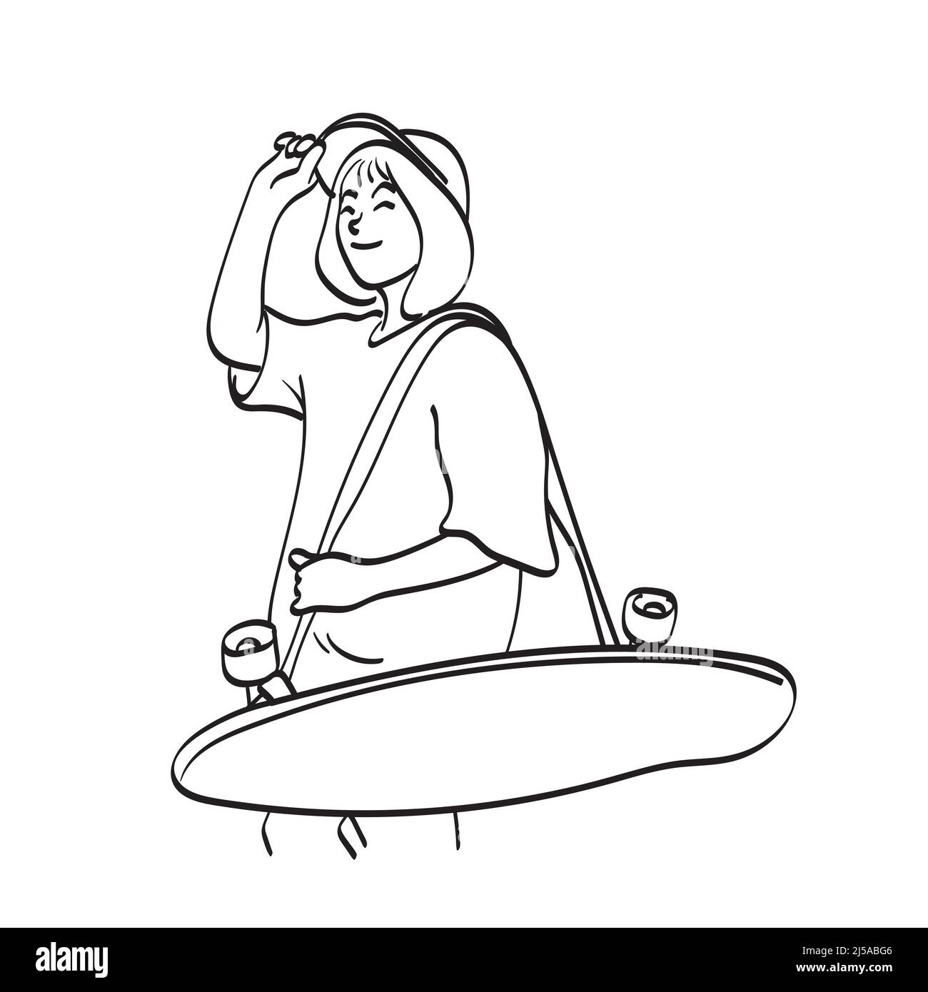 femme mi-longueur avec chapeau tenant le skateboard illustration vecteur dessiné à la main isolé sur fond blanc art de ligne Illustration de Vecteur