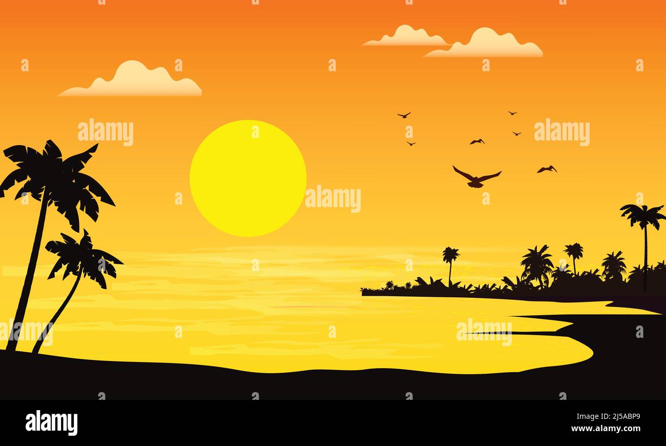 Vue extérieure sur la plage au coucher du soleil Illustration de Vecteur
