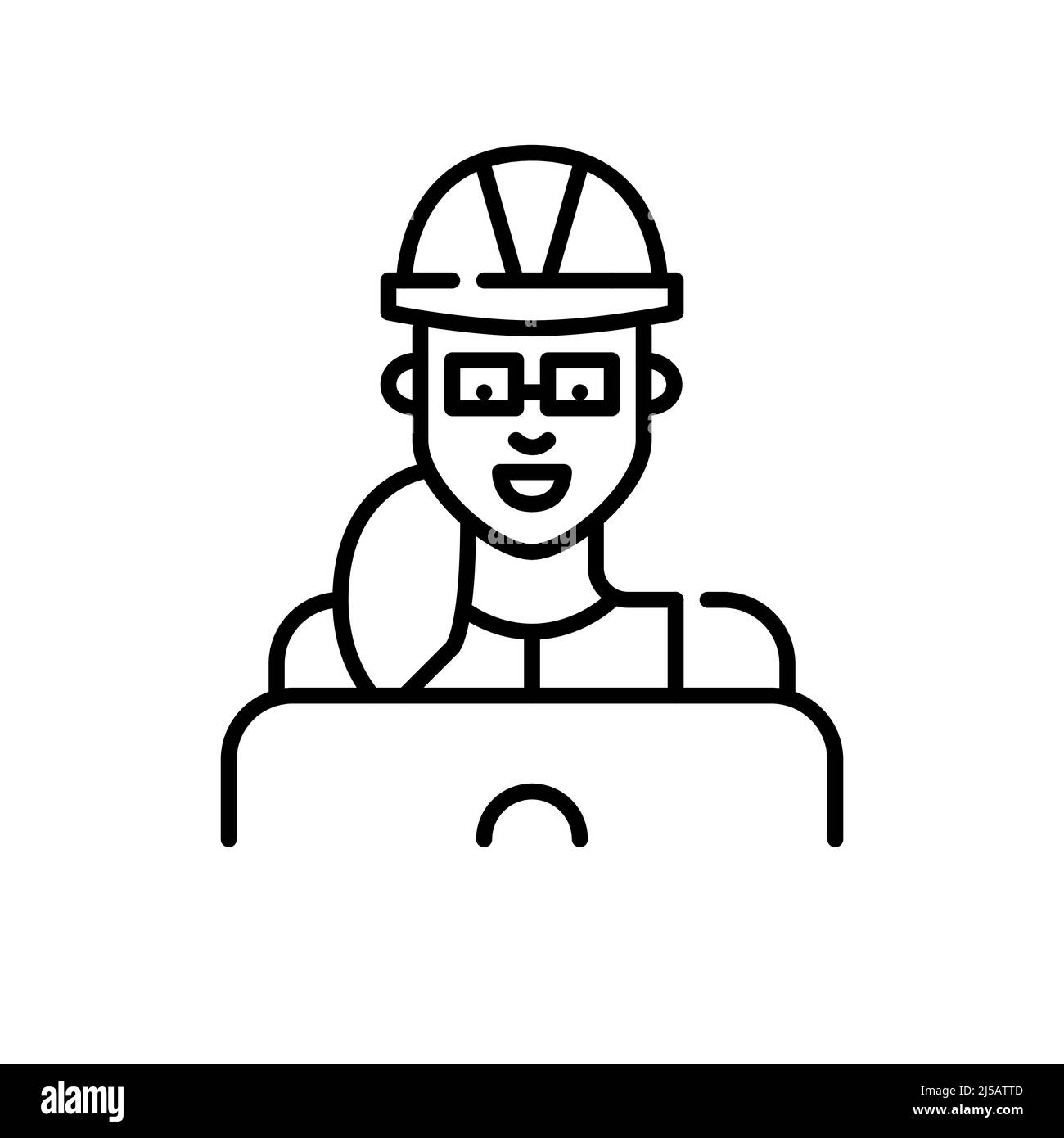 Jeune femme professionnelle portant un casque de sécurité. Architecte ou ingénieur travaillant ou apprenant à l'ordinateur portable. Pixel Perfect, icône de contour modifiable Illustration de Vecteur