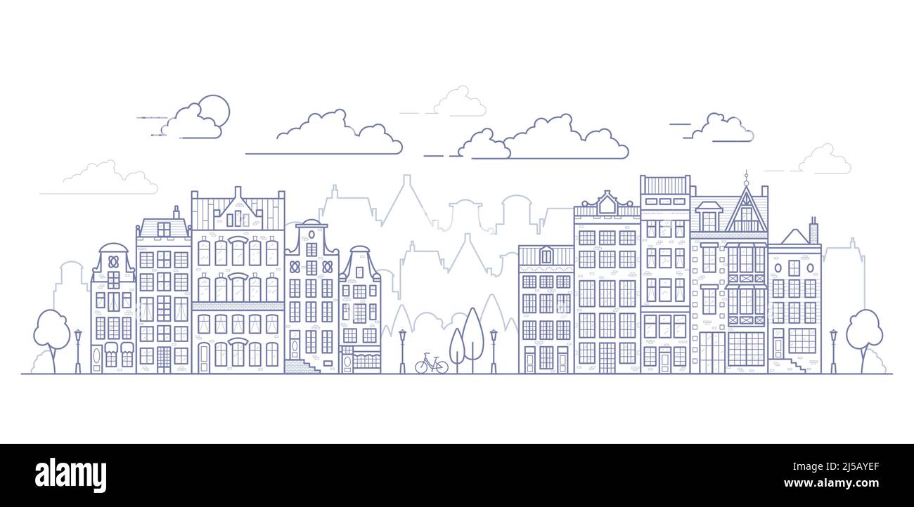 Maisons de style ancien d'Amsterdam. Maisons de canal hollandaises bordées près d'un canal aux pays-Bas. Bâtiment et façades pour bannière ou affiche. Contour vectoriel Illustration de Vecteur