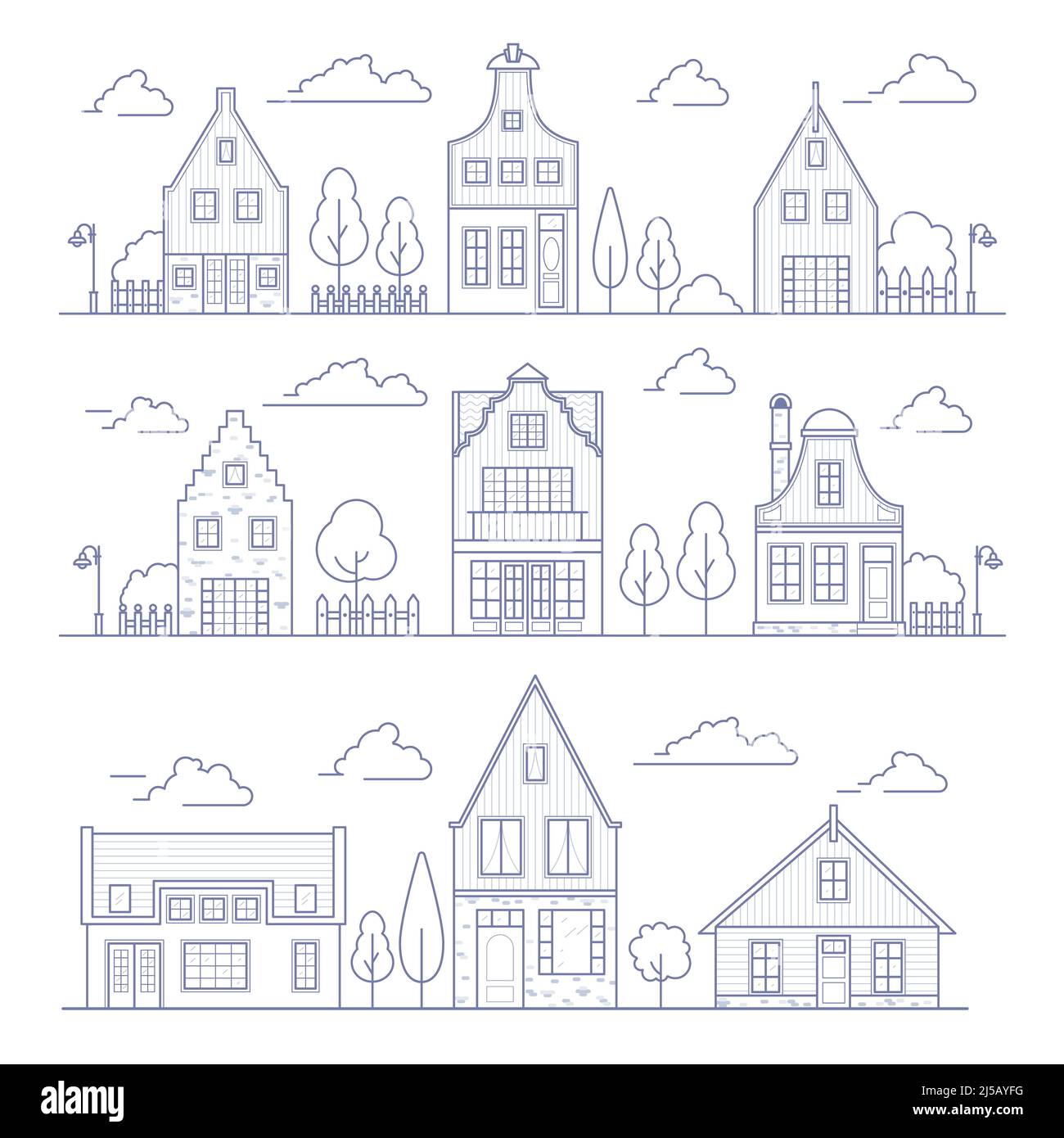 Maisons de quartier d'Europe.Pays-Bas avec des maisons confortables.Façades de vieux bâtiments traditionsl aux pays-Bas. Paysage vector Illustration de Vecteur