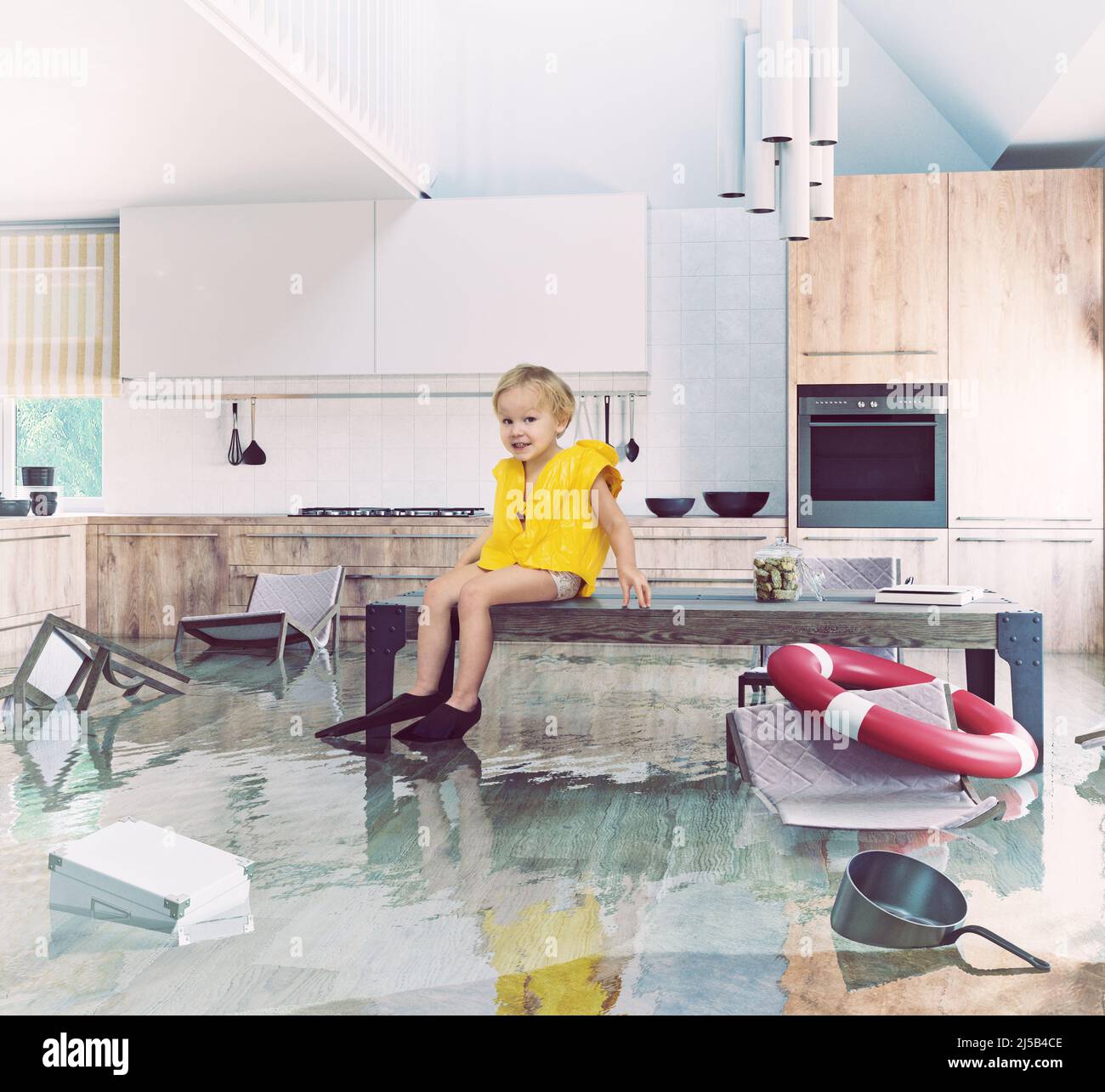 Garçon jouant sur la table en inondant la cuisine. Illustration du concept créatif de la combinaison multimédia et photo Banque D'Images