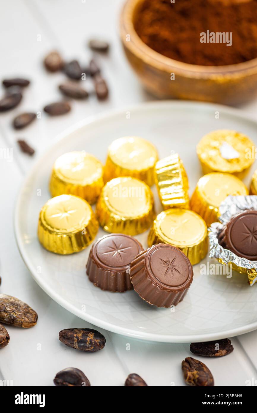 Pralines au chocolat emballées. Bonbons au chocolat et fèves de cacao sur l'assiette. Banque D'Images