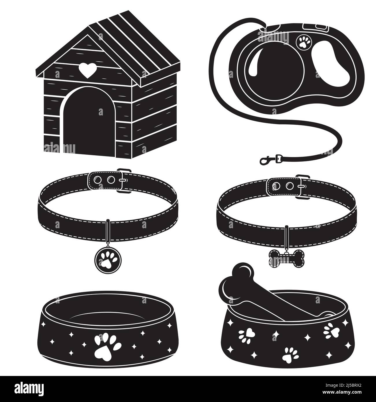 Un ensemble d'icônes d'accessoires pour chiens et chats, un stand, des bols de nourriture, une laisse et des colliers avec un médaillon. Illustration de Vecteur