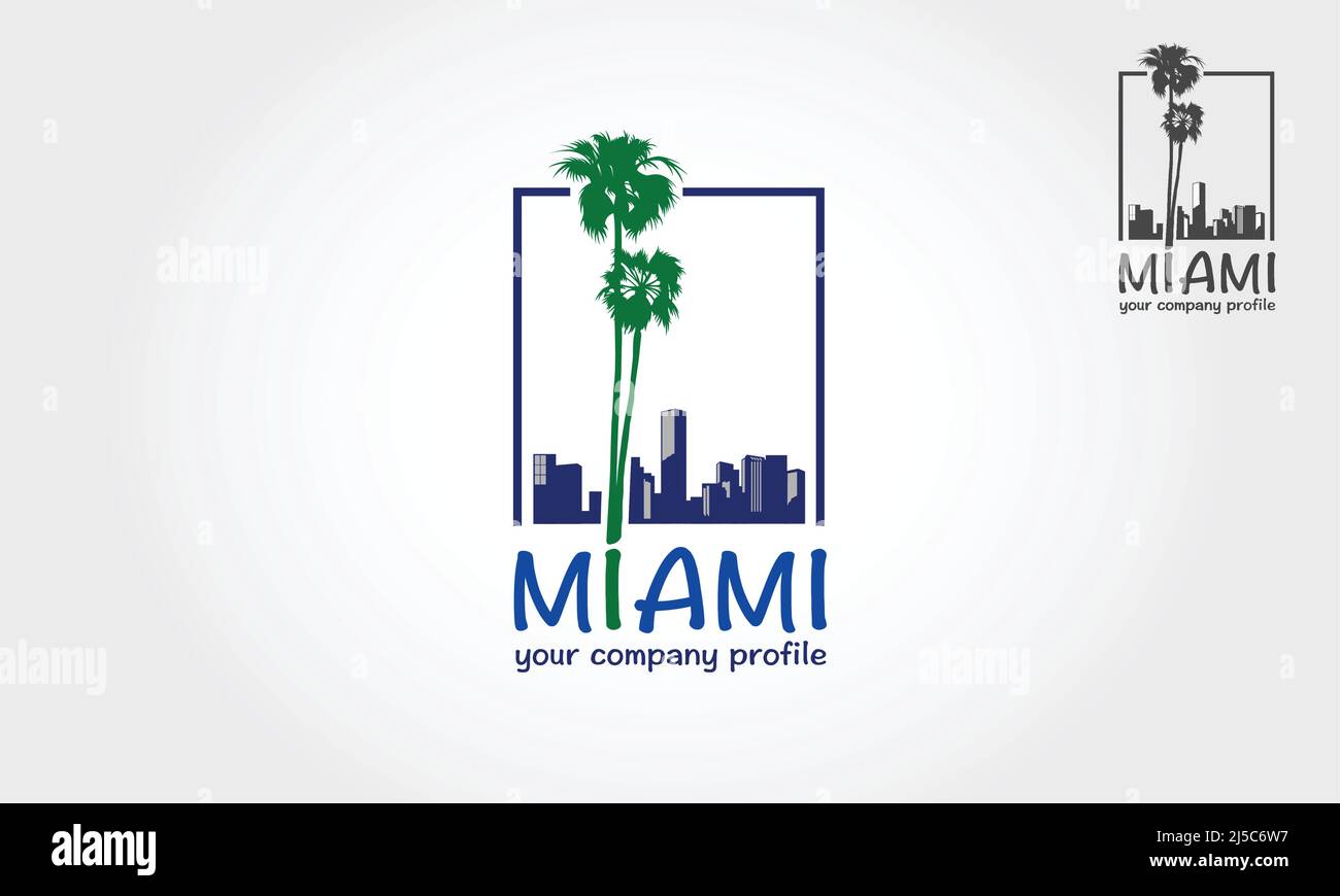 Logo Miami Beach Vector sur la plage tropicale avec palmiers. Style silhouette avec plage, palmier et illustrations vectorielles de bâtiments. Illustration de Vecteur