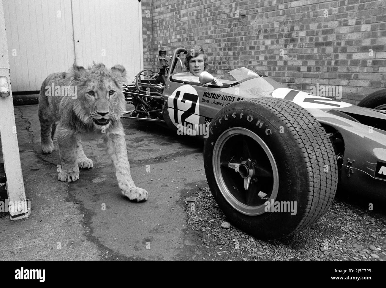 Christian le lion rencontre le futur champion du monde F.1 James Hunt à Londres 1970. Banque D'Images