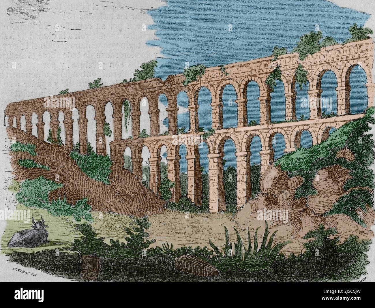 Espagne, Catalogne. Aqueduc de Tarragone, également connu sous le nom de Pont de Ferreres ou Pont del Diable. Il a été construit à l'époque de l'empereur Auguste (63 BC-14 AC) pour fournir de l'eau à la ville de Tarragone, à partir de la rivière Francolí voisine. Illustration par Urrabieta. Gravure par Cibera. Coloration ultérieure. Historia général de España Père Mariana. Madrid, 1852. Banque D'Images