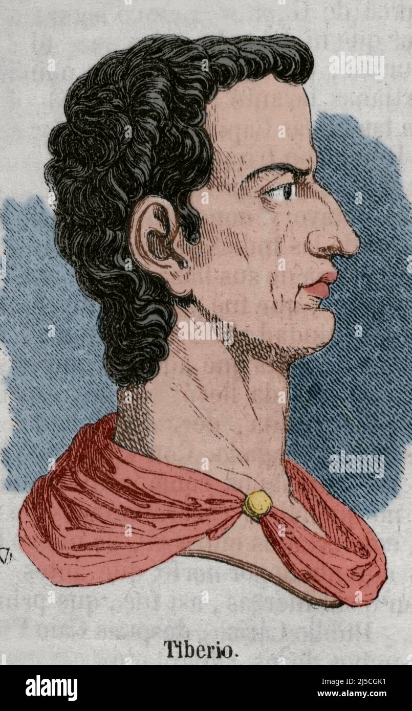 Tiberius (42 BC-37 AD). Deuxième empereur romain. Dynastie Julio-Claudian. Il a régné de 14 AD à 37 AD. Portrait. Gravure. Coloration ultérieure. Historia général de España par le Père Mariana. Madrid, 1852. Banque D'Images