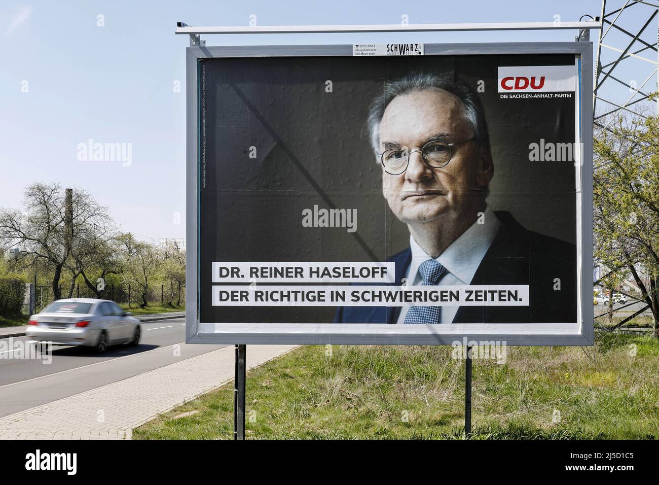 Bitterfeld, 28.04.2021 - affiche électorale de la CDU à Bitterfeld. Le 6 juin 2021, un nouveau Parlement sera élu en Saxe-Anhalt. [traduction automatique] Banque D'Images