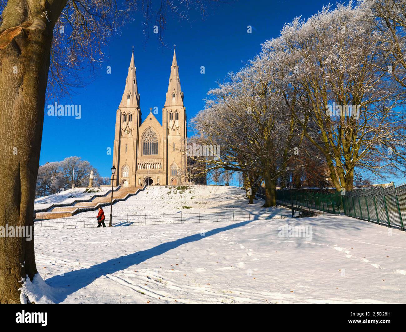 Armagh - Cathédrale catholique romaine de Saint-Patrick dans la neige, Irlande du Nord Banque D'Images