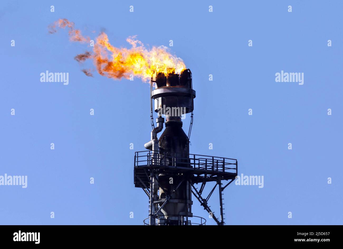 'Schwedt, 7 mars 2022 - l'excès de gaz issu de la transformation du pétrole brut à PCK-Raffinerie GmbH, à Schwedt, est incinéré. La raffinerie PCK est alimentée en pétrole brut de Russie par le pipeline ''Friendship''. En raison de la guerre en Ukraine, une interdiction des importations de pétrole brut et de gaz russes est envisagée. [traduction automatique]' Banque D'Images