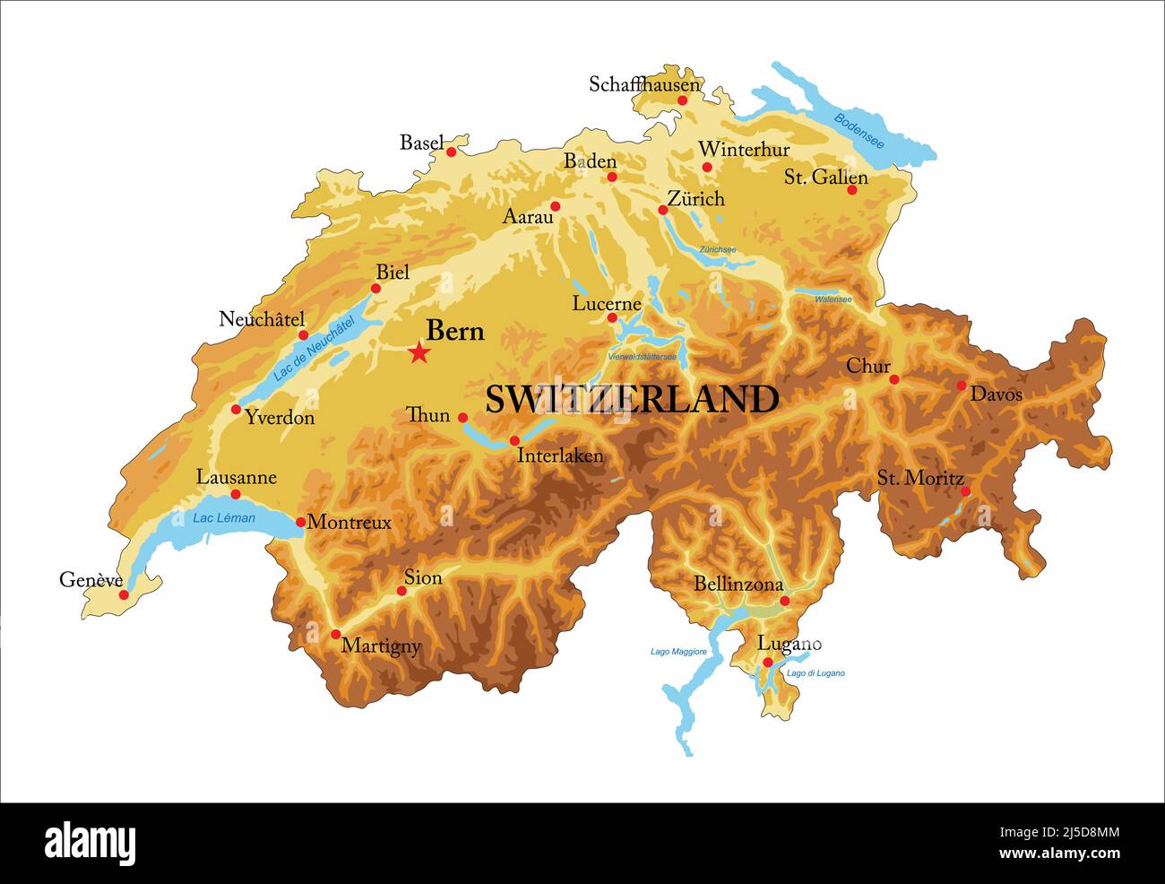 Carte physique très détaillée de la Suisse, en format vectoriel, avec toutes les formes de relief, les régions et les grandes villes. Illustration de Vecteur