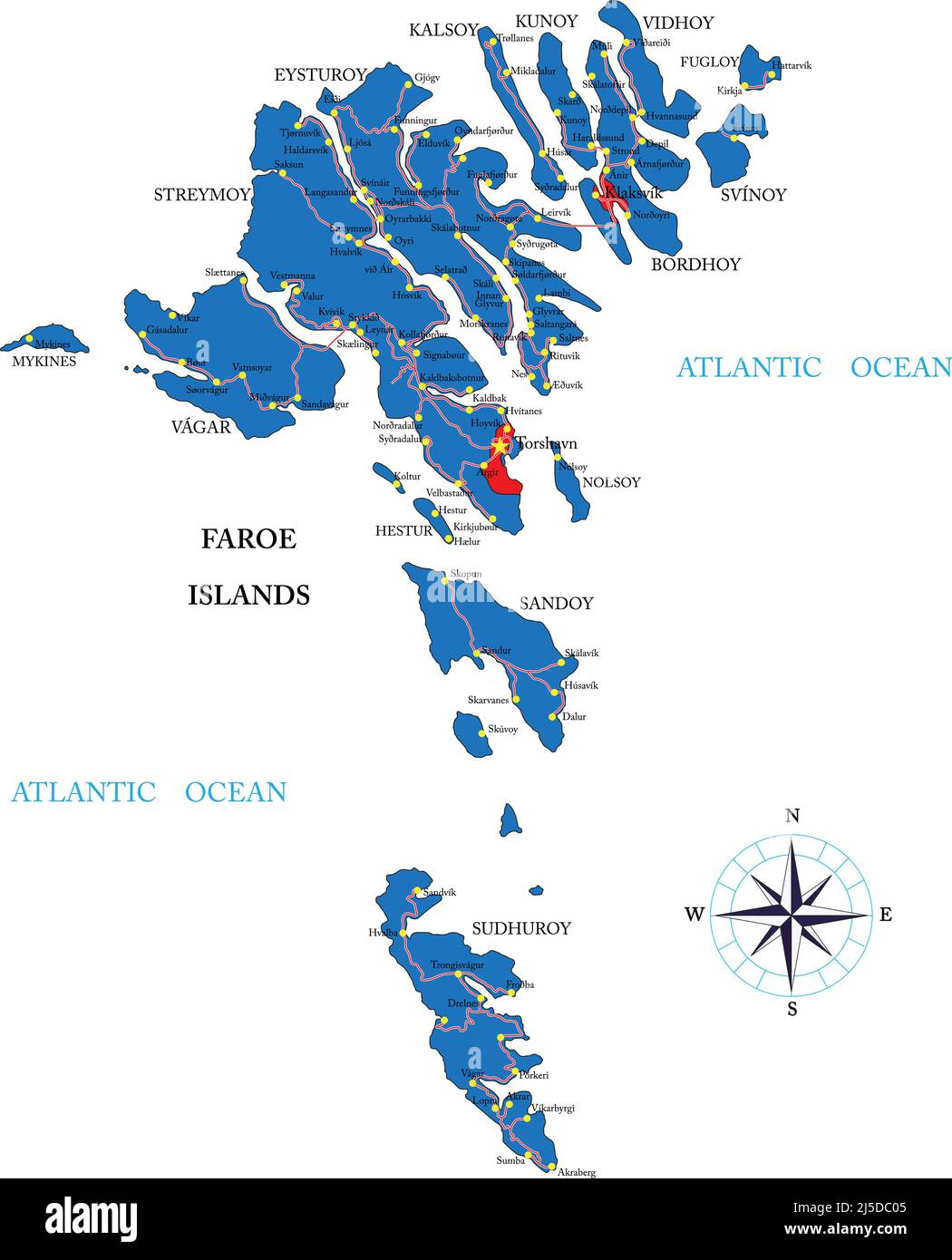 Carte vectorielle très détaillée des îles Féroé avec régions administratives, villes principales et routes. Illustration de Vecteur