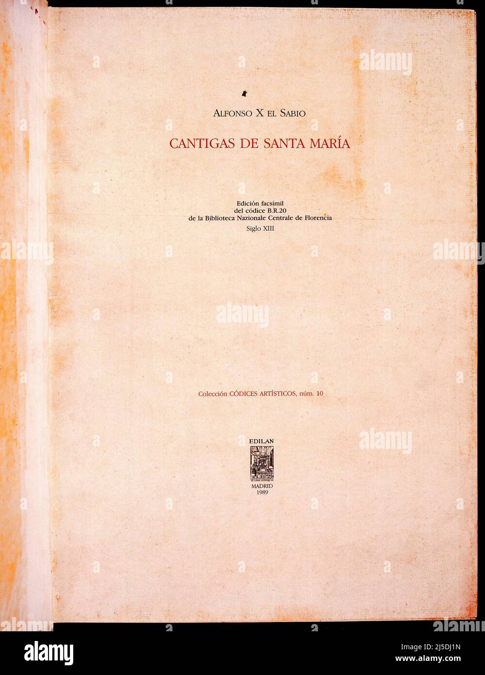 MME B.R.20 - CANTIGAS DE SANTA MARIA - CONTRAPORTADA DE LA EDICION FACSIMIL DEL CODICE DE FLORENCIA - 1989. Auteur: Alfonso X de Castille. EMPLACEMENT: BIBLIOTECA NACIONAL COLECCIÓN. Florenz. ITALIE. Banque D'Images