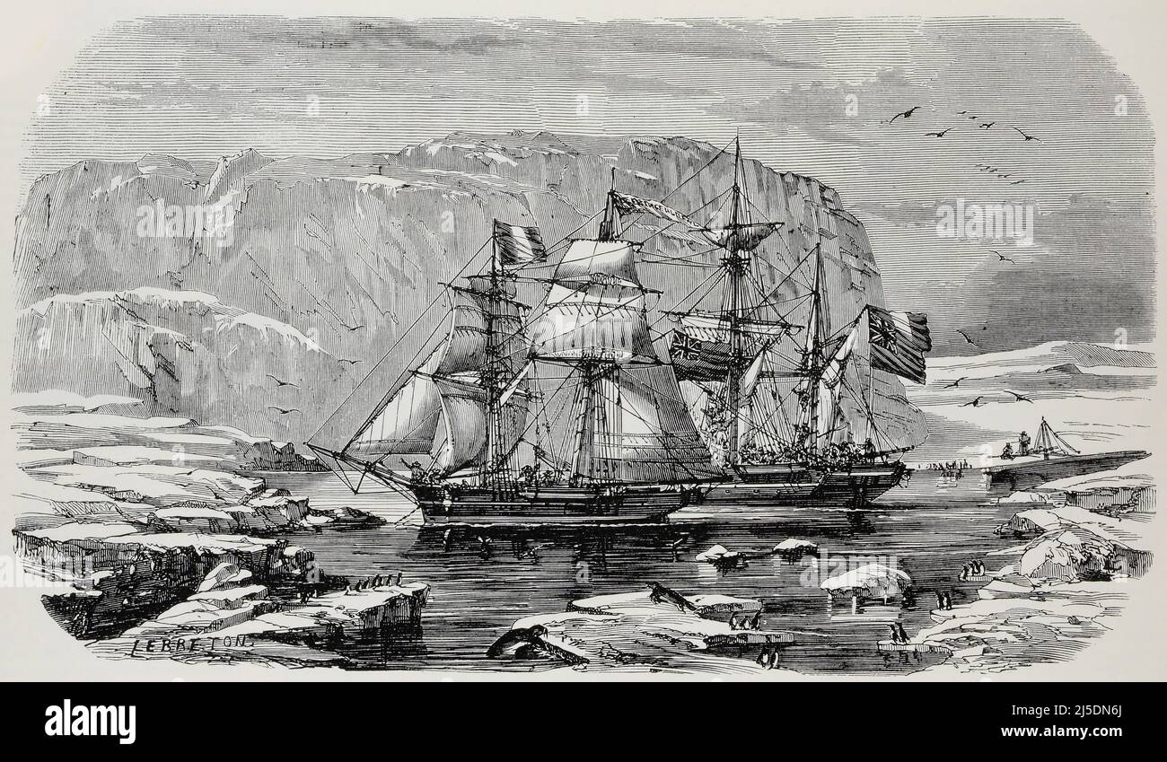 Traduction ENG : ' Baie d'Erebus et Terror, dans laquelle Franklin a passé l'hiver de 1845 à 1846 ' - Original en français : ' Baie de l'Erebus et du Terror, dans la laquelle Franklin a passé l'hiver de 1845 à 1846.' - Extrait de 'l'Illustration Journal universel' - magazine illustré français - 1953 Banque D'Images