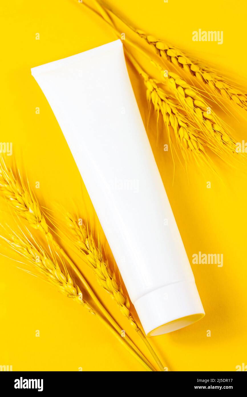 Maquette de tube crème hydratante en plastique blanc avec oreilles de blé sur fond jaune vif vue du dessus. Cosmétique écologique naturelle biologique t Banque D'Images